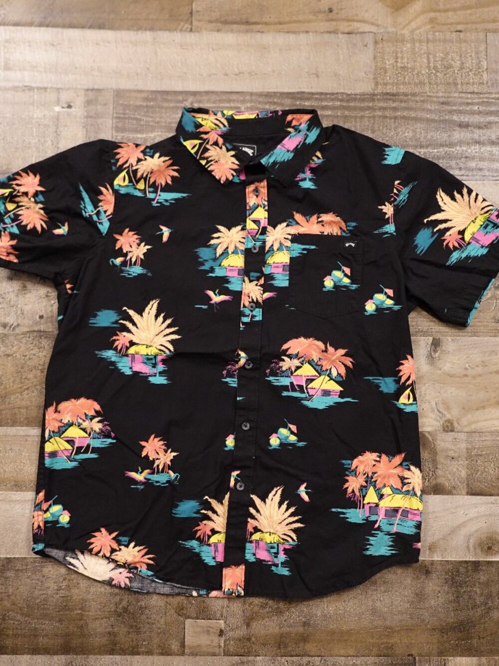 Billabong Hawaiian Shirt Men’s Large Black Tropical Palm Tree Beach Button Up